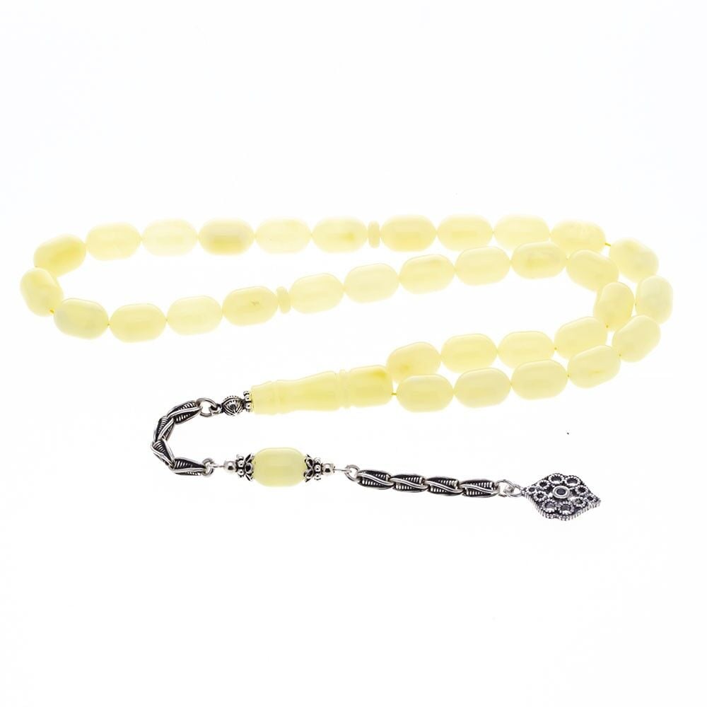 7-11 mm Kapsül Kesim Otantik Zincir 925 Ayar Gümüş Püsküllü Damla Kehribar Tesbih