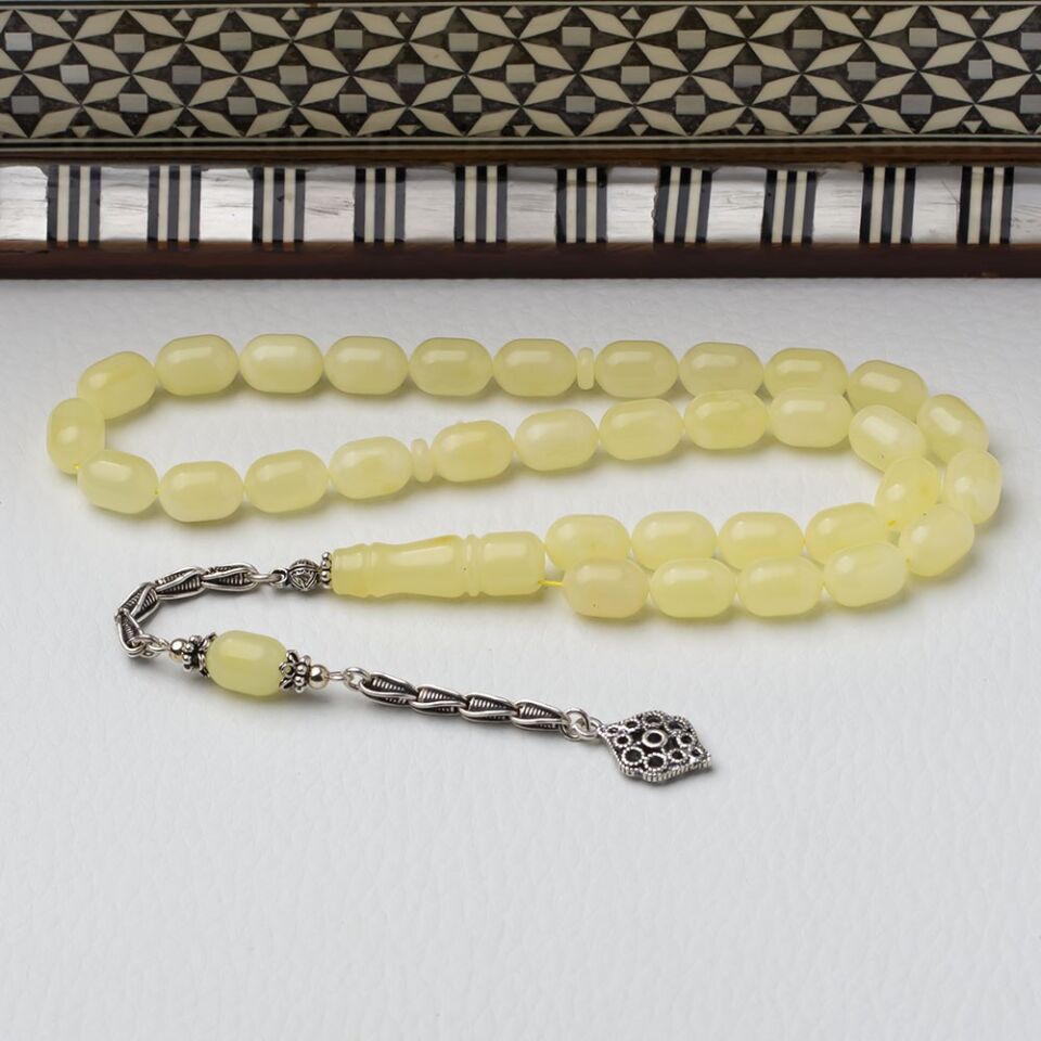 7-11 mm Kapsül Kesim Otantik Zincir 925 Ayar Gümüş Püsküllü Damla Kehribar Tesbih