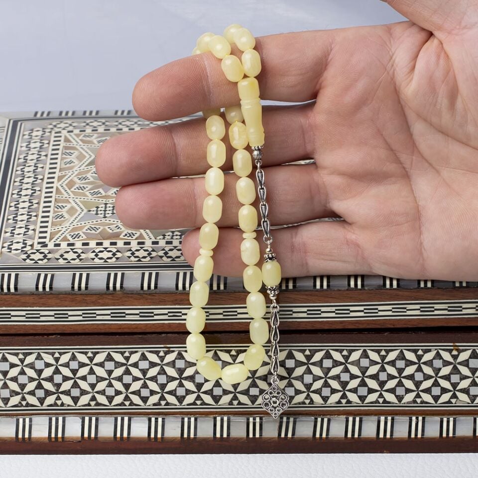 7-11 mm Kapsül Kesim Otantik Zincir 925 Ayar Gümüş Püsküllü Damla Kehribar Tesbih