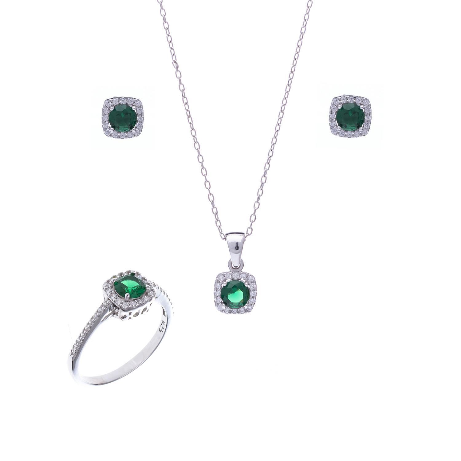 Yeşil Zirkon Taşlı 925 Ayar Gümüş Kadın Üçlü Tektaş Set