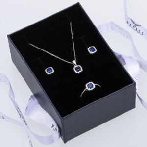 Lacivert Zirkon Taşlı 925 Ayar Gümüş Kadın Üçlü Tektaş Set
