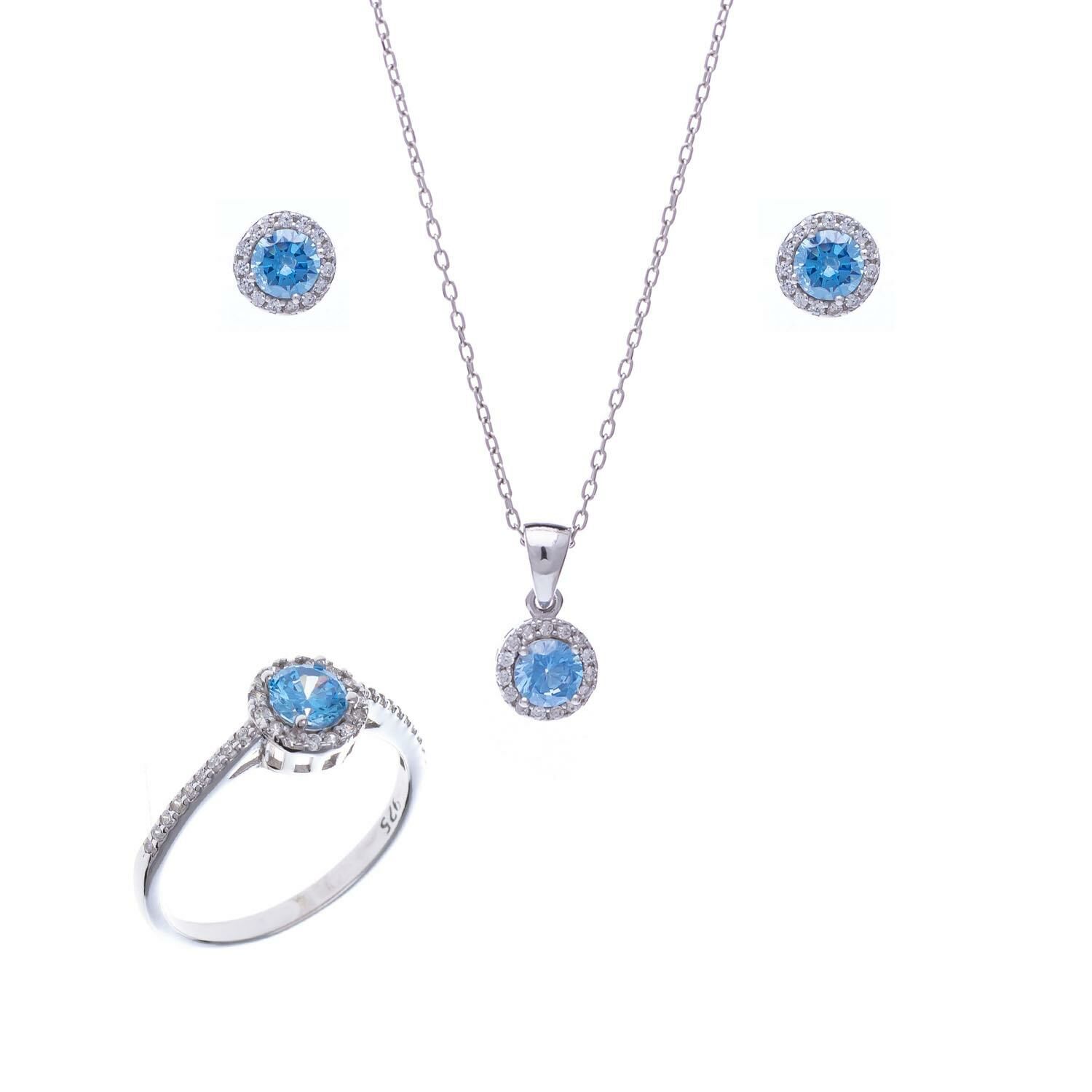 Mavi (Akuamarin) Zirkon Taşlı 925 Ayar Gümüş Kadın Üçlü Tektaş Set