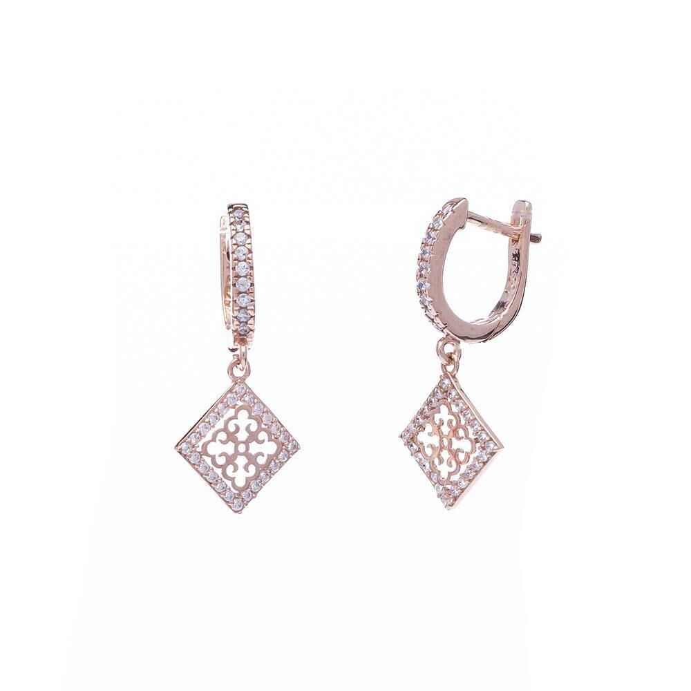 Otantik Desenli Kare Model Rose Rengi 925 Ayar Gümüş Kadın Küpe
