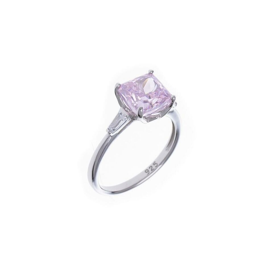8 mm  Kare Pembe Zirkon Taşlı 925 Ayar Gümüş Tektaş Kadın Yüzük