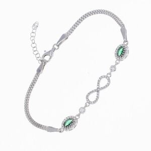 Sonsuzluk Model Oval Yeşil Zirkon Taşlı 925 Ayar Gümüş Kadın Bileklik
