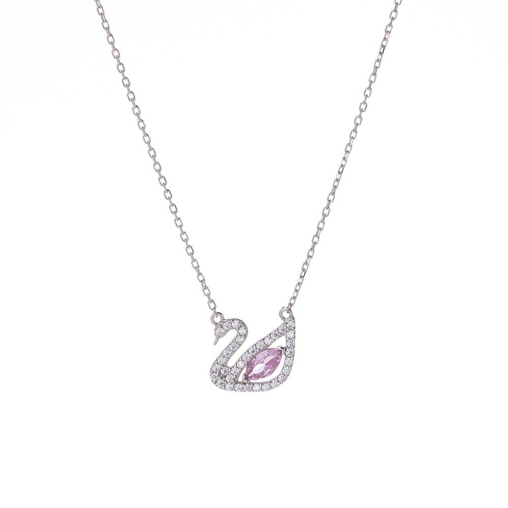 Kuğu Model Pembe Zirkon Taşlı 925 Ayar Gümüş Kadın Kolye