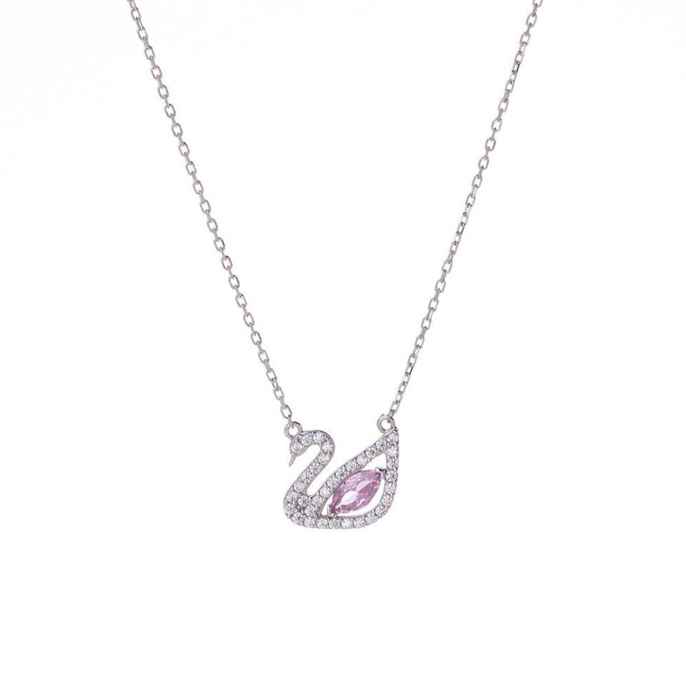 Kuğu Model Pembe Zirkon Taşlı 925 Ayar Gümüş Kadın Kolye