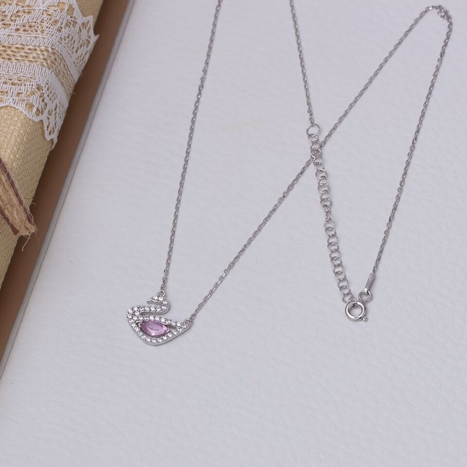 Kuğu Model Pembe Zirkon Taşlı 925 Ayar Gümüş Kadın Kolye