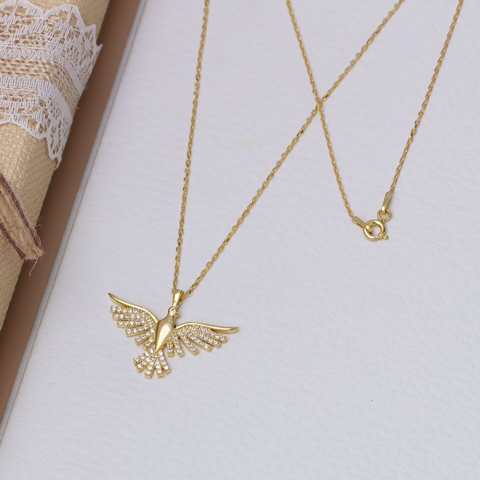 Anka Kuşu Zirkon Taşlı Gold Rengi 925 Ayar Gümüş Kadın Kolye
