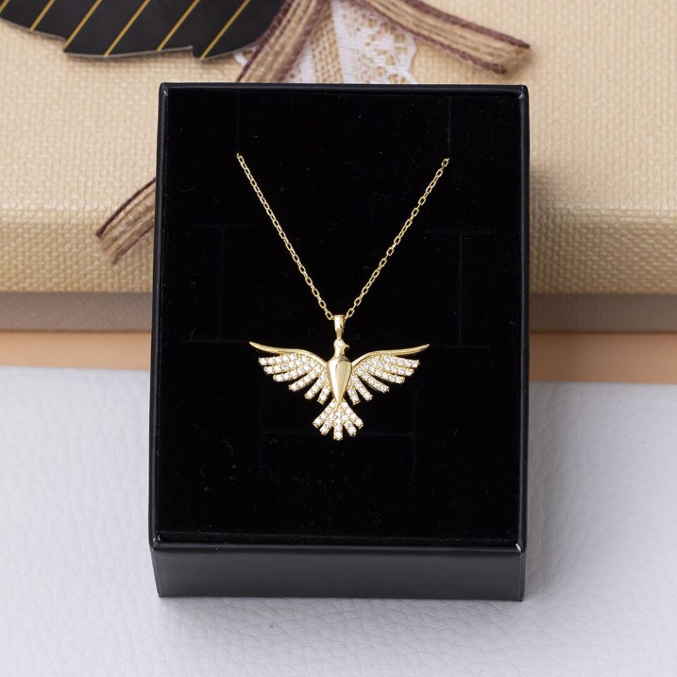 Anka Kuşu Zirkon Taşlı Gold Rengi 925 Ayar Gümüş Kadın Kolye