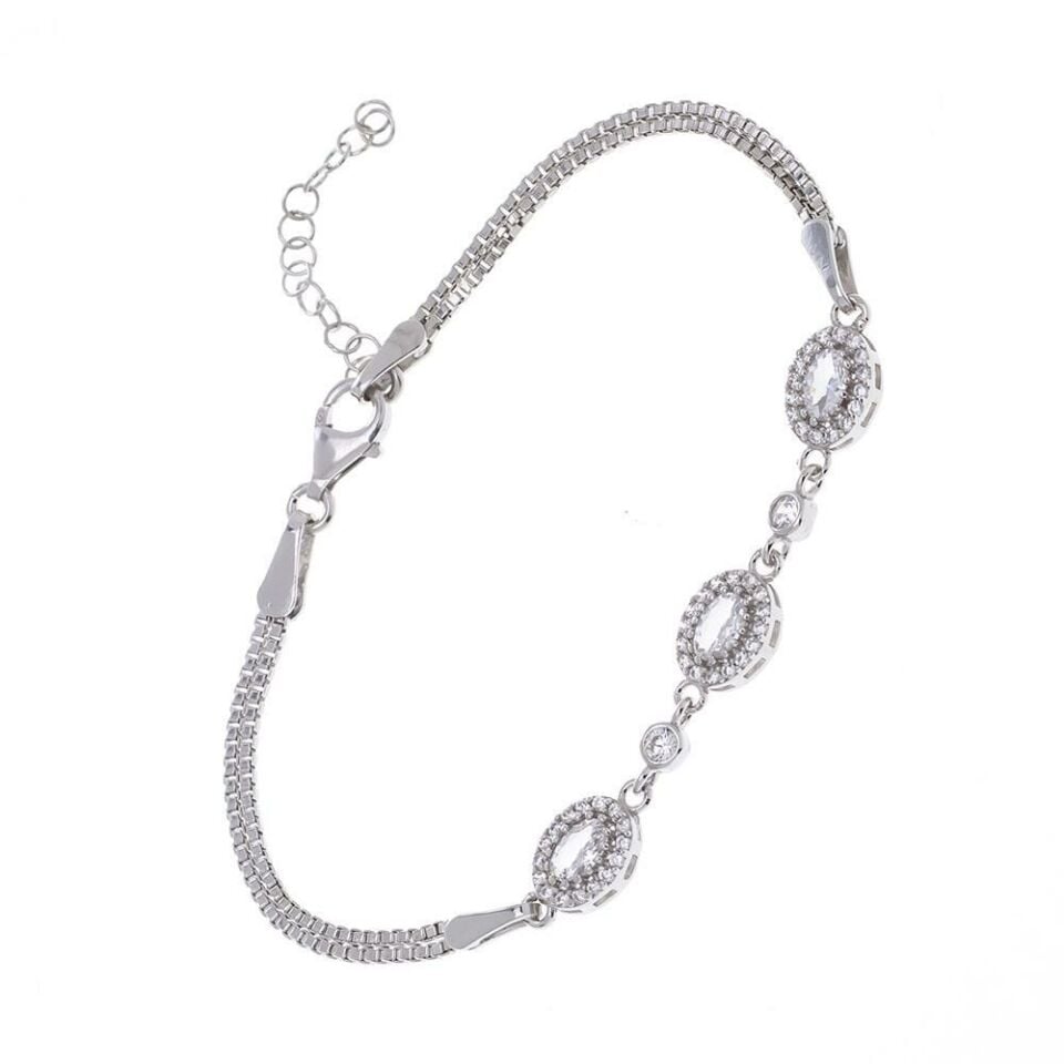 Oval Zirkon Taşlı 925 Ayar Gümüş Kadın Bileklik