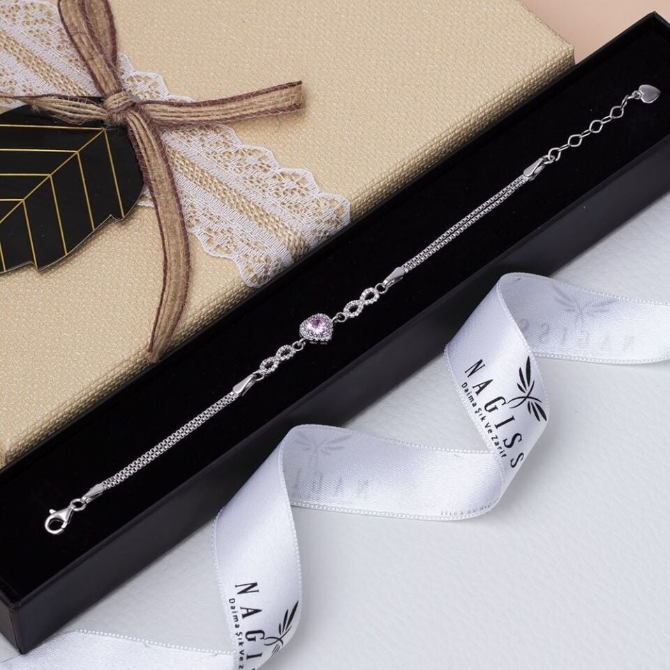 Kalp-Sonsuzluk Model Pembe Zirkon Taşlı 925 Ayar Gümüş Kadın Bileklik
