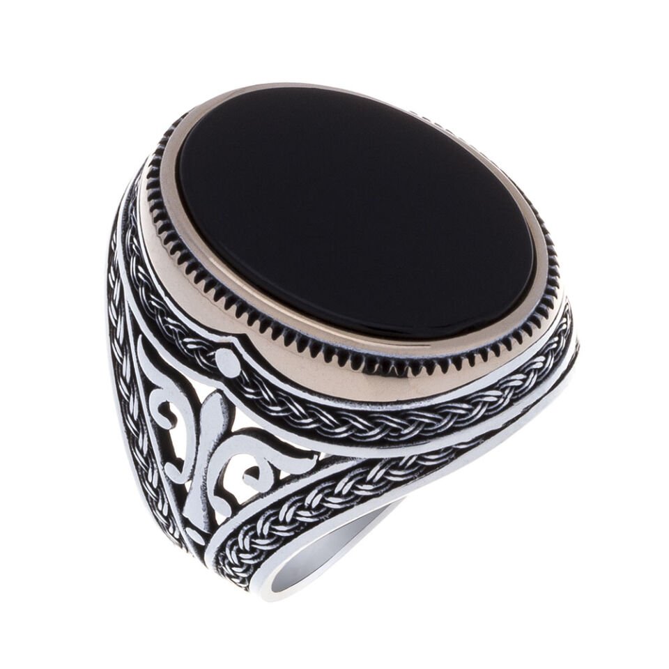 925 Ayar Gümüş Oniks Taşlı Bronz Çerçeveli Oval Erkek Yüzük SİYAH - 21