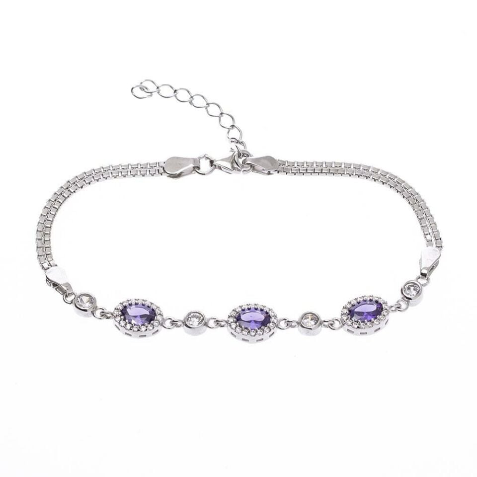 Mor 4-6 mm Oval Zirkon Taşlı Gümüş Kadın Bileklik