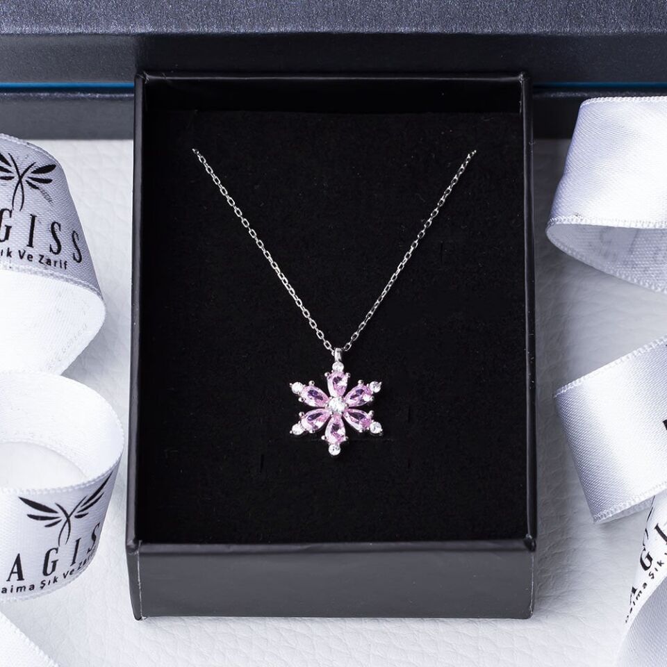 Pembe Zirkon Taşlı Lotus Çiçeği Model 925 Ayar Gümüş Kadın Kolye