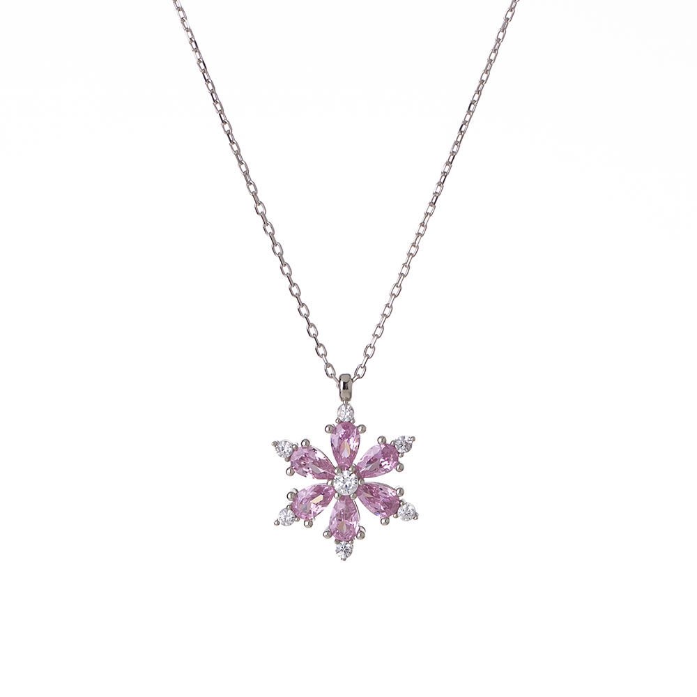 Pembe Zirkon Taşlı Lotus Çiçeği Model 925 Ayar Gümüş Kadın Kolye