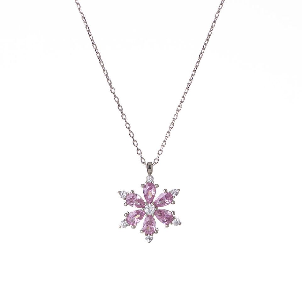 Pembe Zirkon Taşlı Lotus Çiçeği Model 925 Ayar Gümüş Kadın Kolye