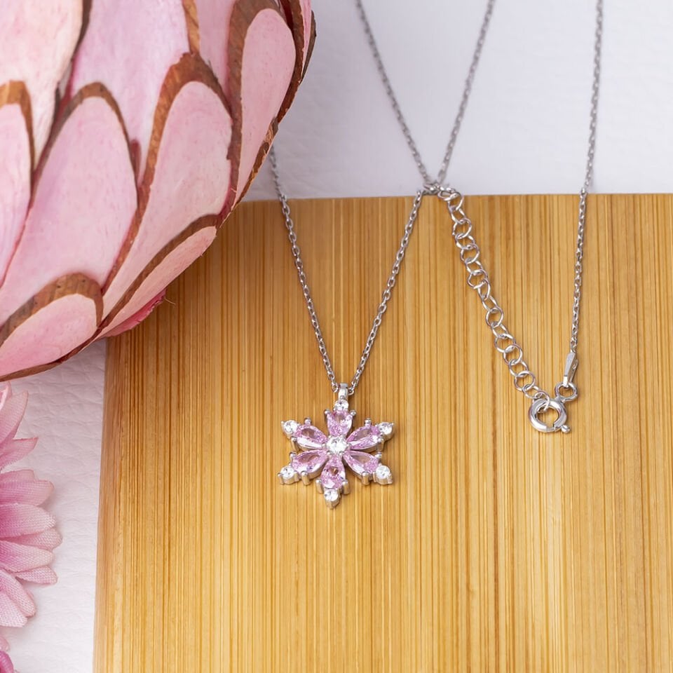 Pembe Zirkon Taşlı Lotus Çiçeği Model 925 Ayar Gümüş Kadın Kolye