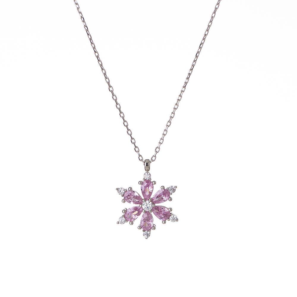 Pembe Zirkon Taşlı Lotus Çiçeği Model 925 Ayar Gümüş Kadın Kolye
