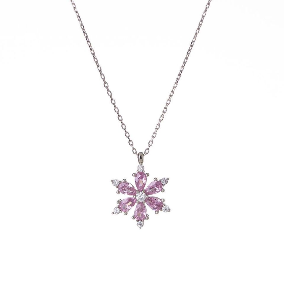 Pembe Zirkon Taşlı Lotus Çiçeği Model 925 Ayar Gümüş Kadın Kolye