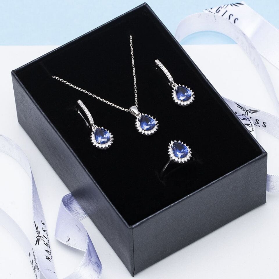 7-9 mm Lacivert Damla Zirkon Taşlı 925 Ayar Gümüş Kadın 3'lü Set