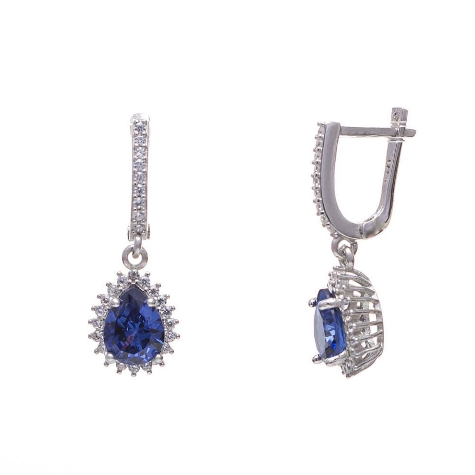 7-9 mm Lacivert Damla Zirkon Taşlı 925 Ayar Gümüş Kadın 3'lü Set