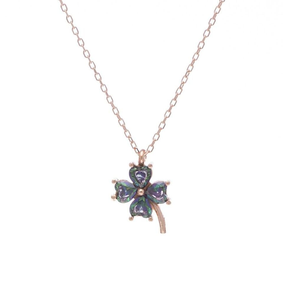 Topaz Taşlı Yonca Model-1 925 Ayar Gümüş Rose Rengi Kadın Kolye
