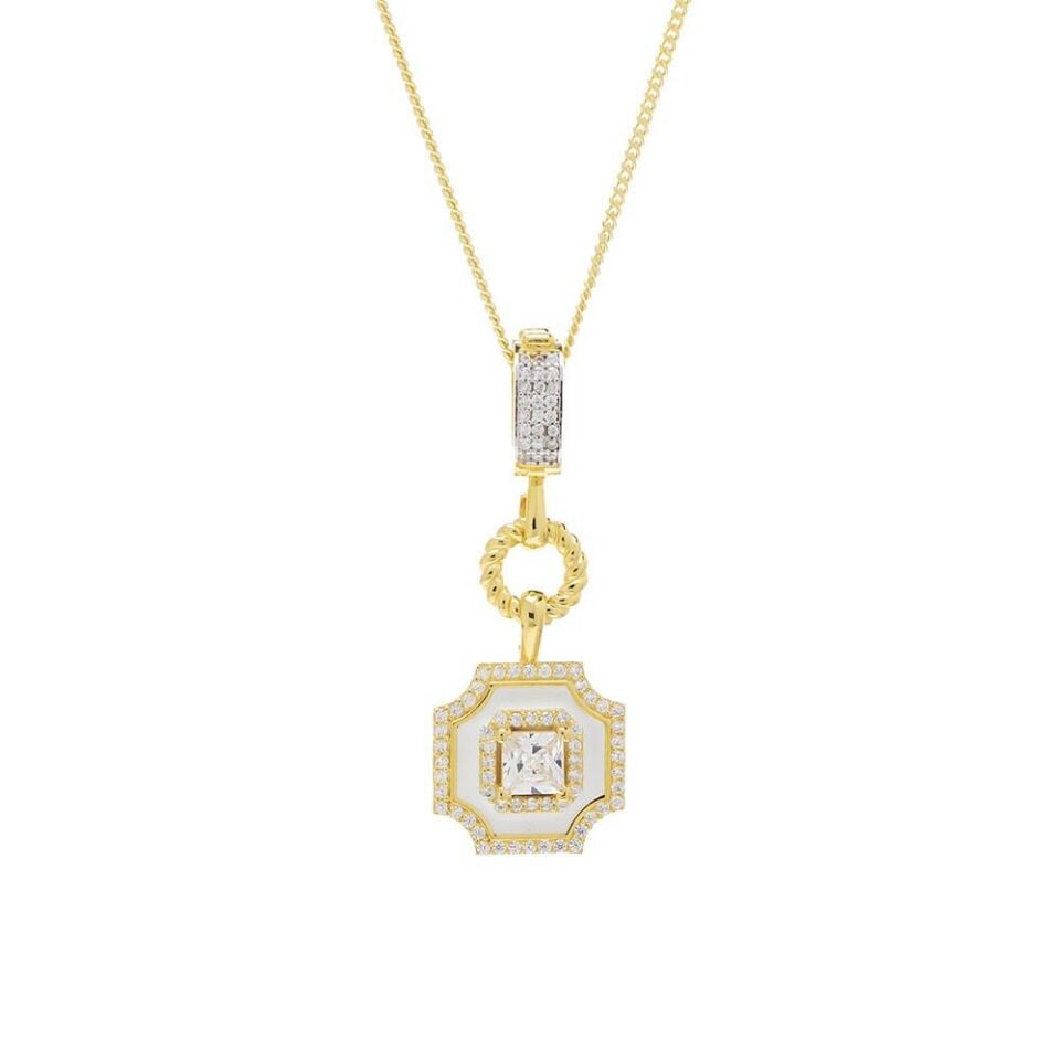5mm Kare Zirkon Taşlı Beyaz Mineli Gold Rengi Gümüş Kadın Kolye