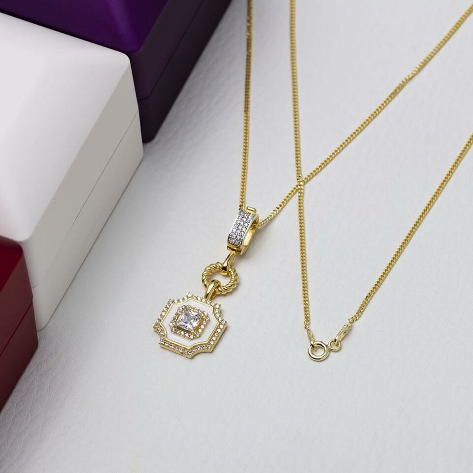 5mm Kare Zirkon Taşlı Beyaz Mineli Gold Rengi Gümüş Kadın Kolye