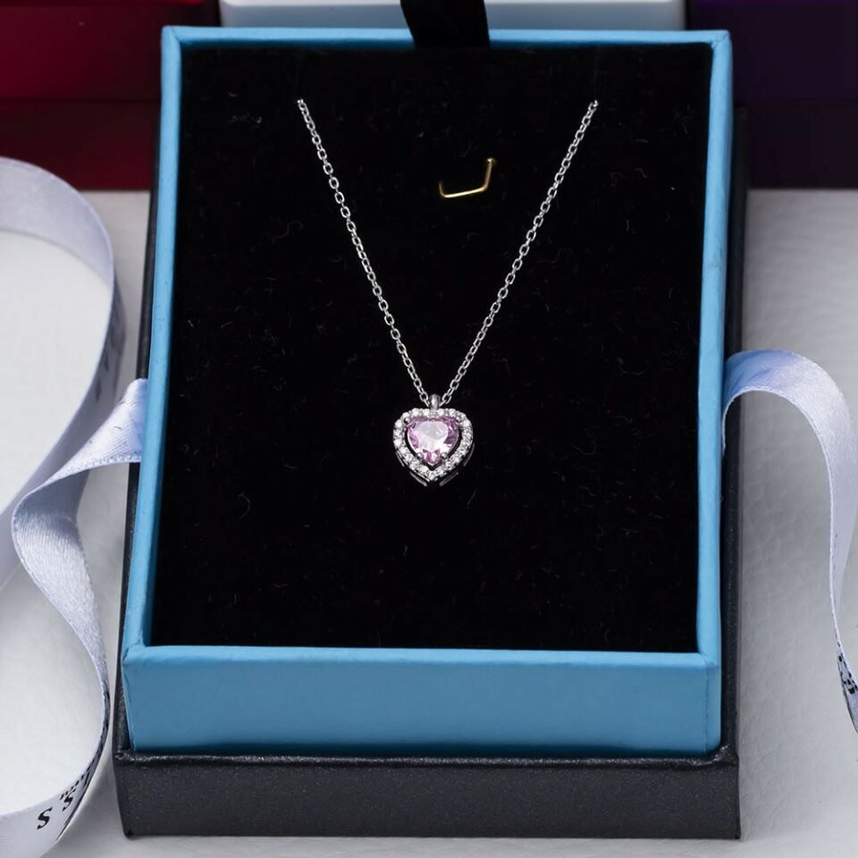 Kalp Model Pembe Zirkon Taşlı 925 Ayar Gümüş Kadın Kolye Model-3