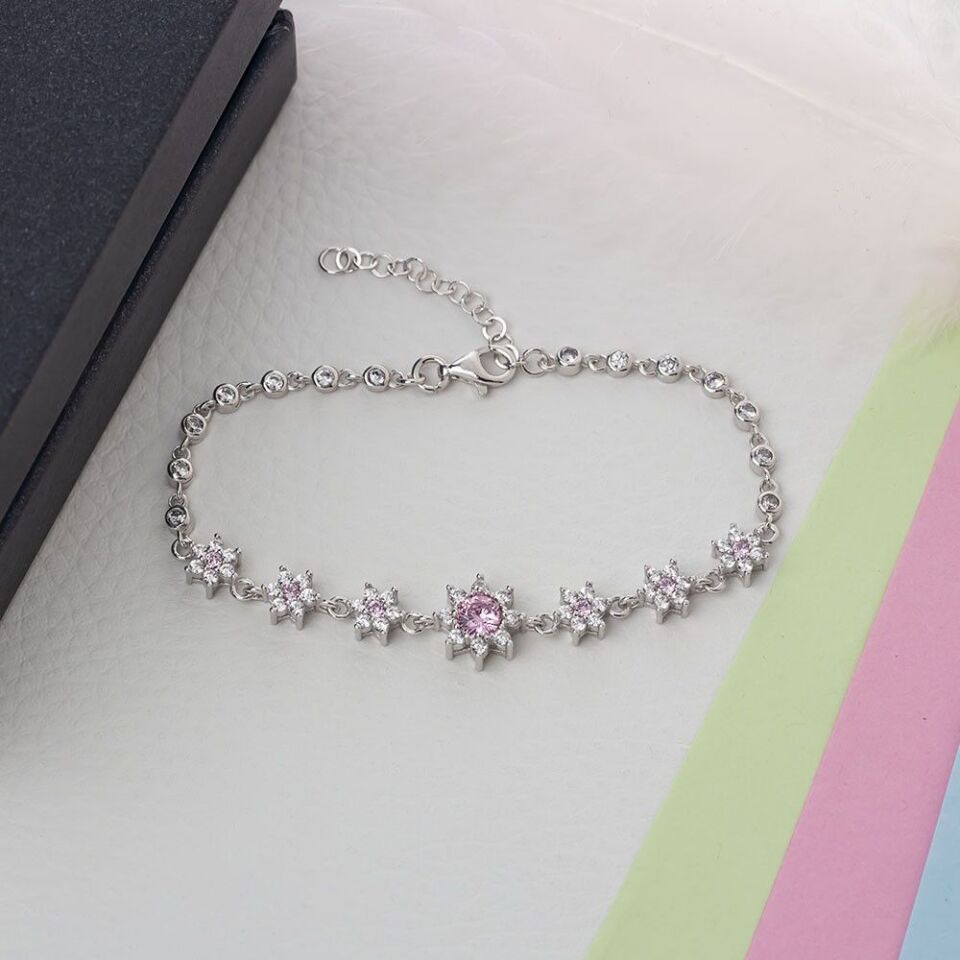 Pembe Zirkon Taşlı Çiçek Model 925 Ayar Gümüş Kadın Bileklik
