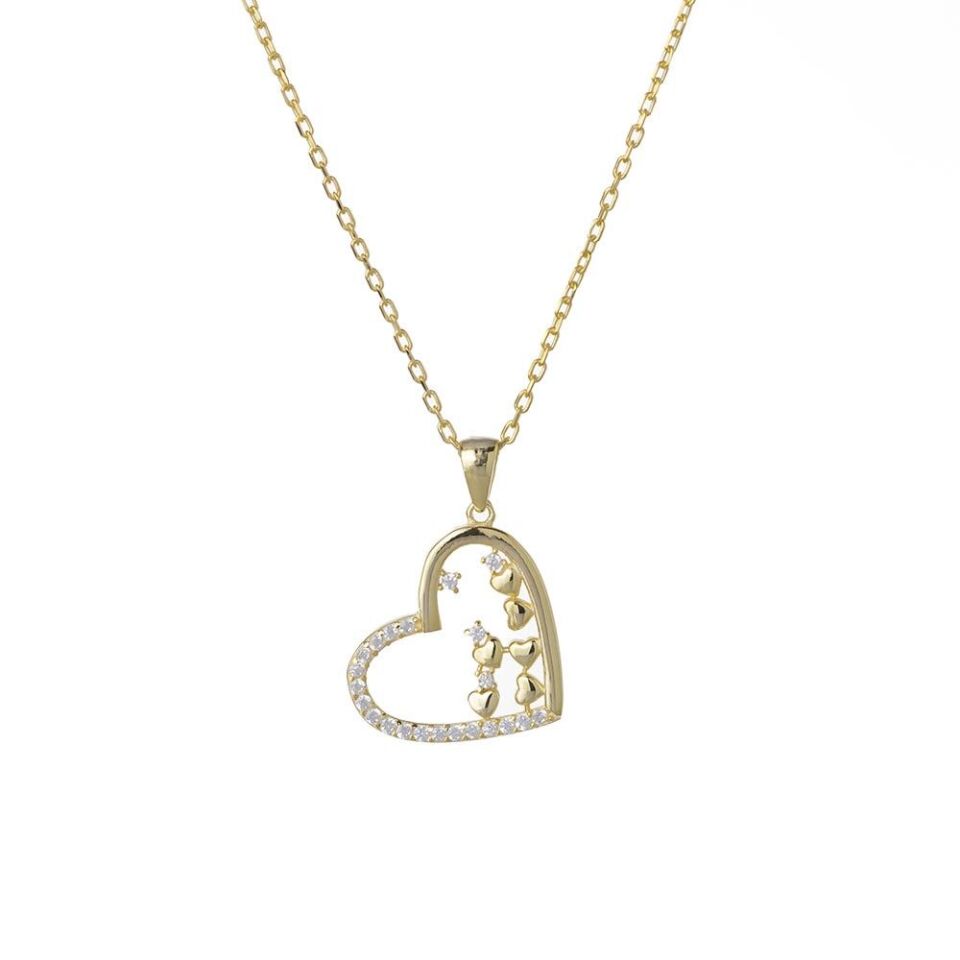Kalp Model Minik Kalpler Detaylı Gold Rengi 925 Ayar Gümüş Kadın Kolye