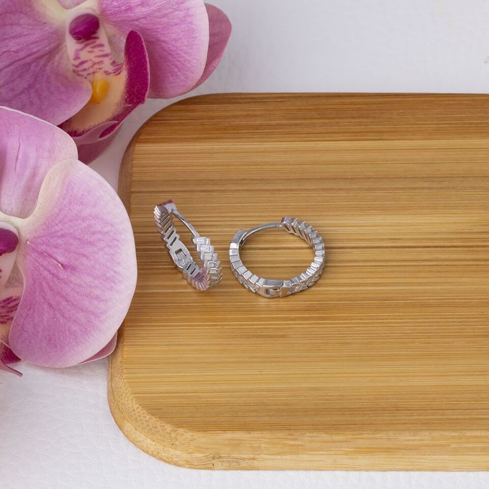 20 mm Çapraz Baget Zirkon Taşlı 925 Gümüş Kadın Halka Küpe
